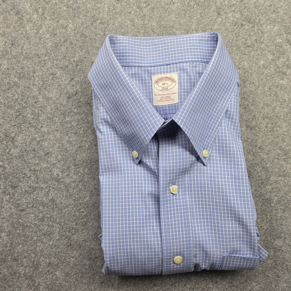 Brooks Brothers 346 Men 16.5 Blue Micro Check Short Sleeve Non-Iron Cotton Shirt